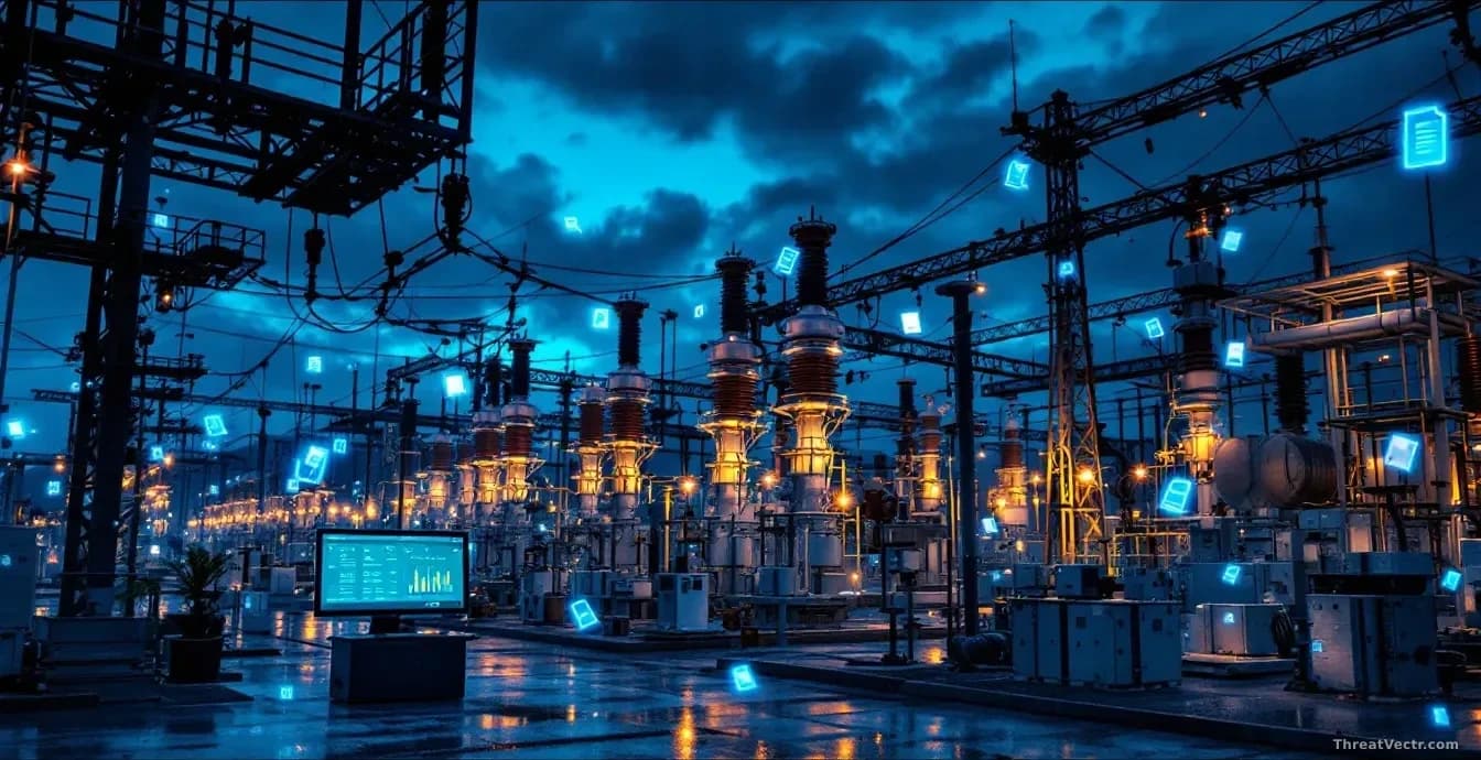 A power substation or electrical utility facility at night with transformer equipment illuminated, a computer terminal showing access logs in an office area, an
