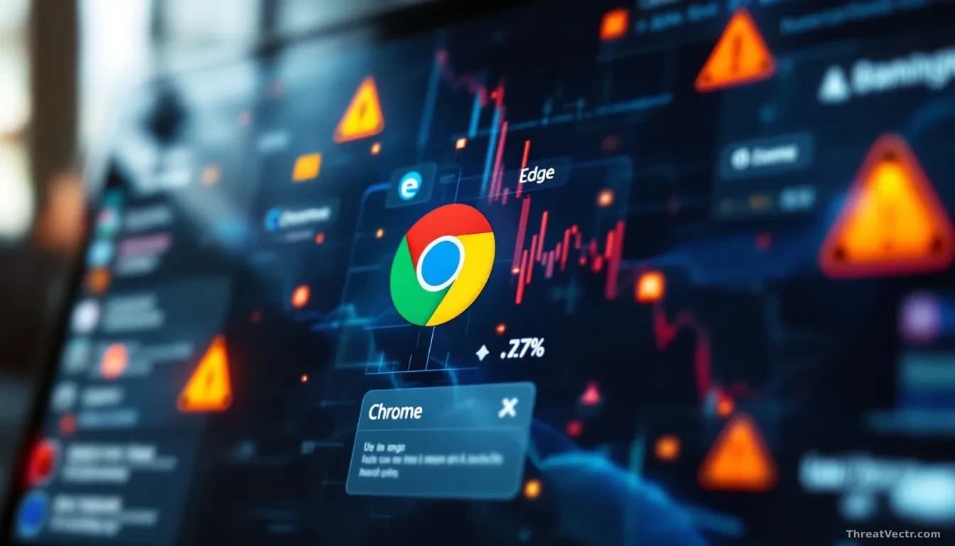 A browser window showing Chrome and Edge icons merging together, with a banking interface glimpsed in the background and warning alert dialogs cascading across 