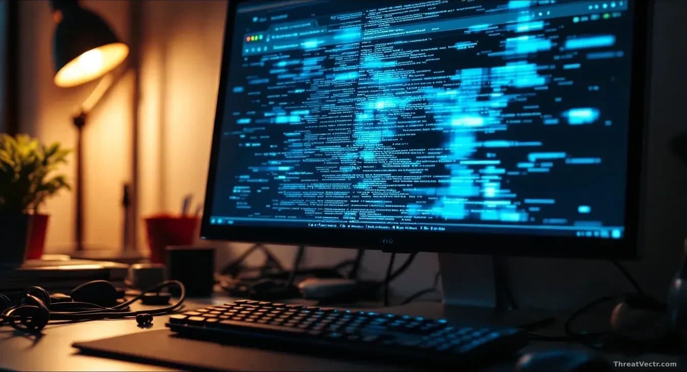 A computer monitor displaying a compromised website homepage with subtle visual corruptions and overlay glitches, surrounded by scattered cables and keyboard in