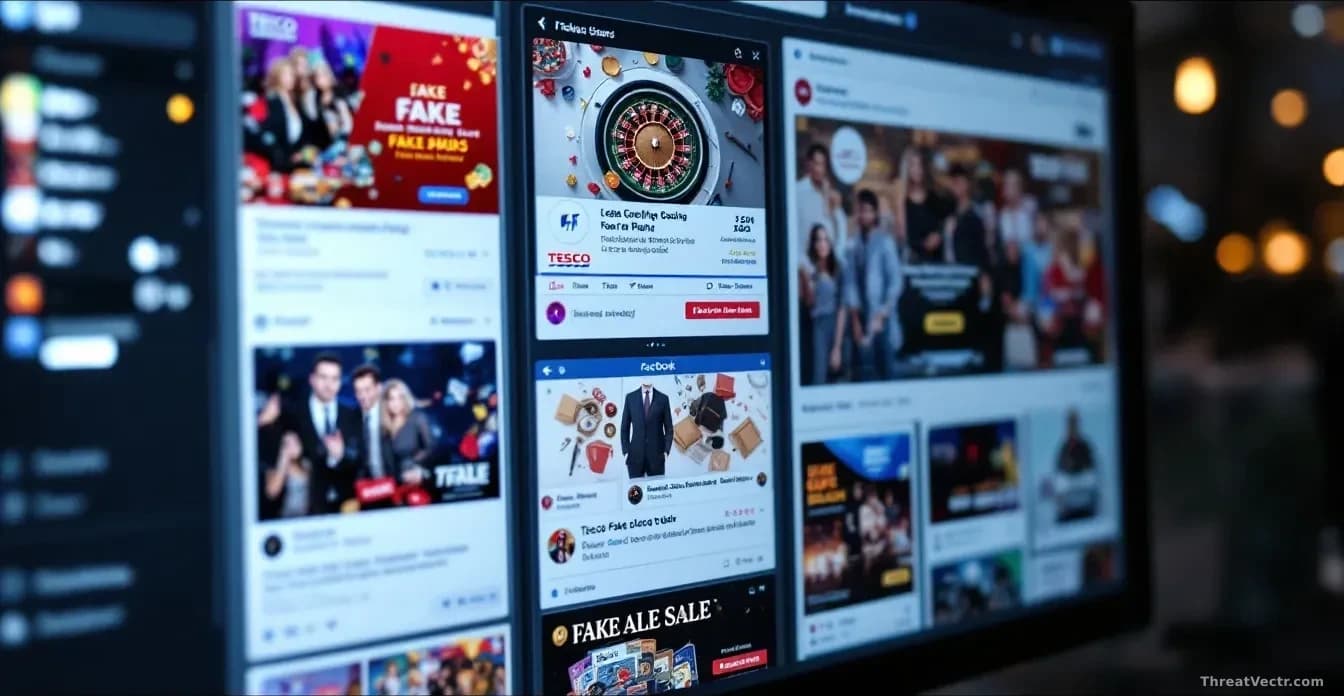 A social media advertising dashboard showing multiple fake casino ads masquerading as legitimate retail brand promotions, with Tesco branding being hijacked acr