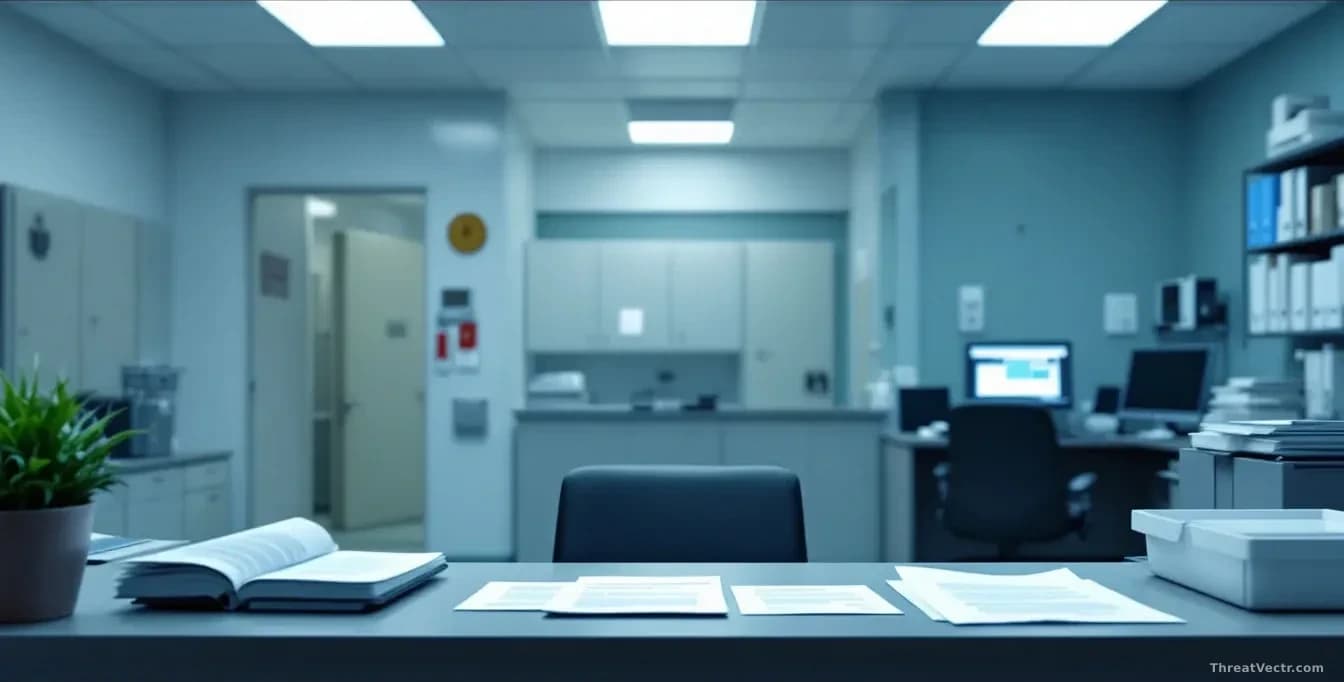 A hospital or medical office reception area with filing cabinets and computer terminals, the atmosphere tense and somber, with notification letters visible on a