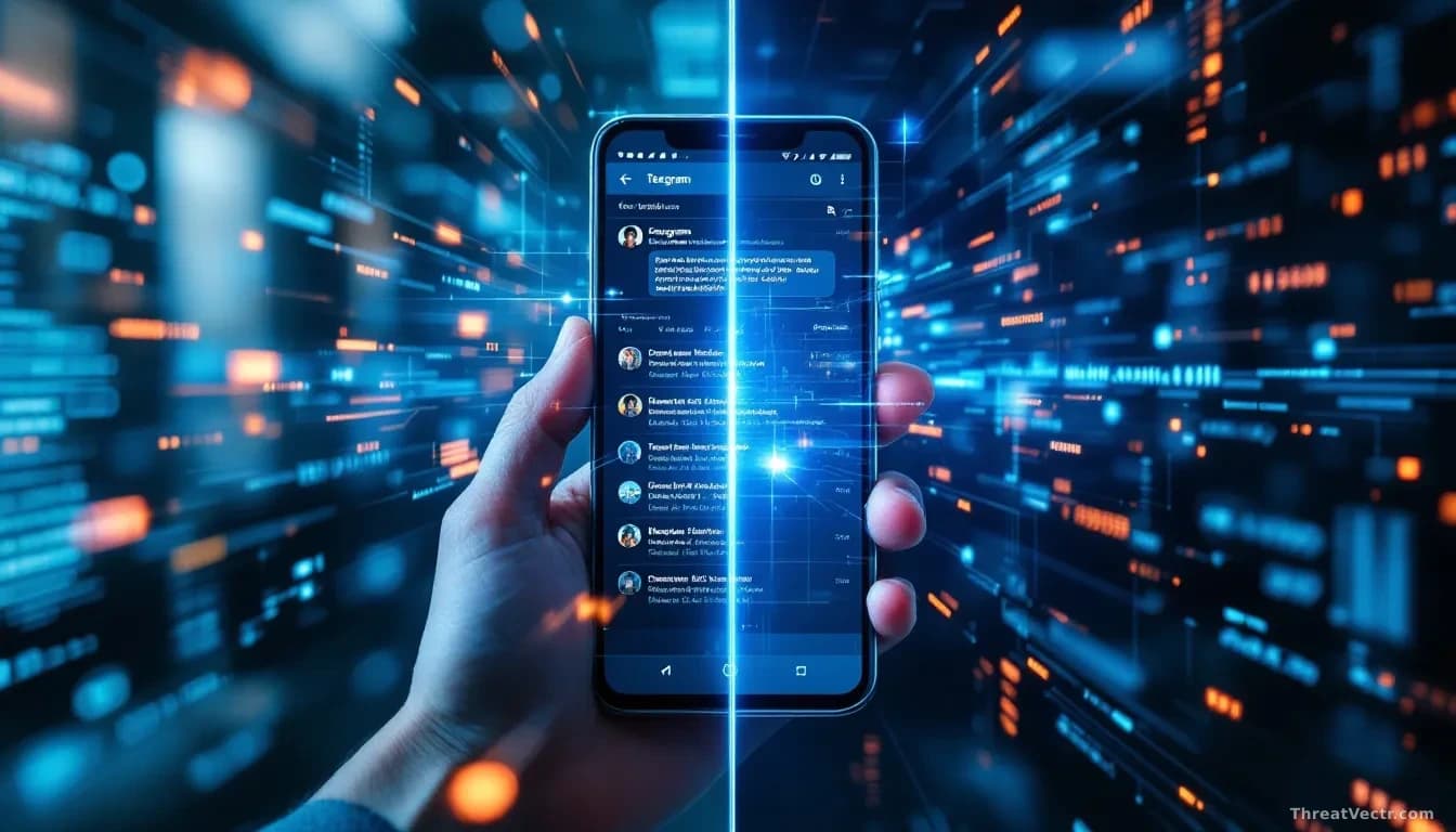 A split-screen view: on one side, the Telegram messaging app interface on a mobile device; on the other, data packets and command signals flowing through digita