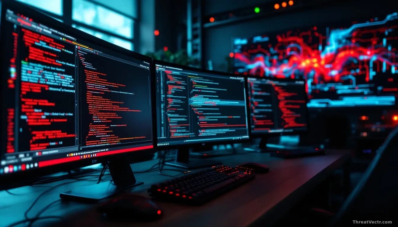 A software development workspace with code repositories displayed on multiple monitors, malicious commits highlighted in red within the codebase, and worm propa