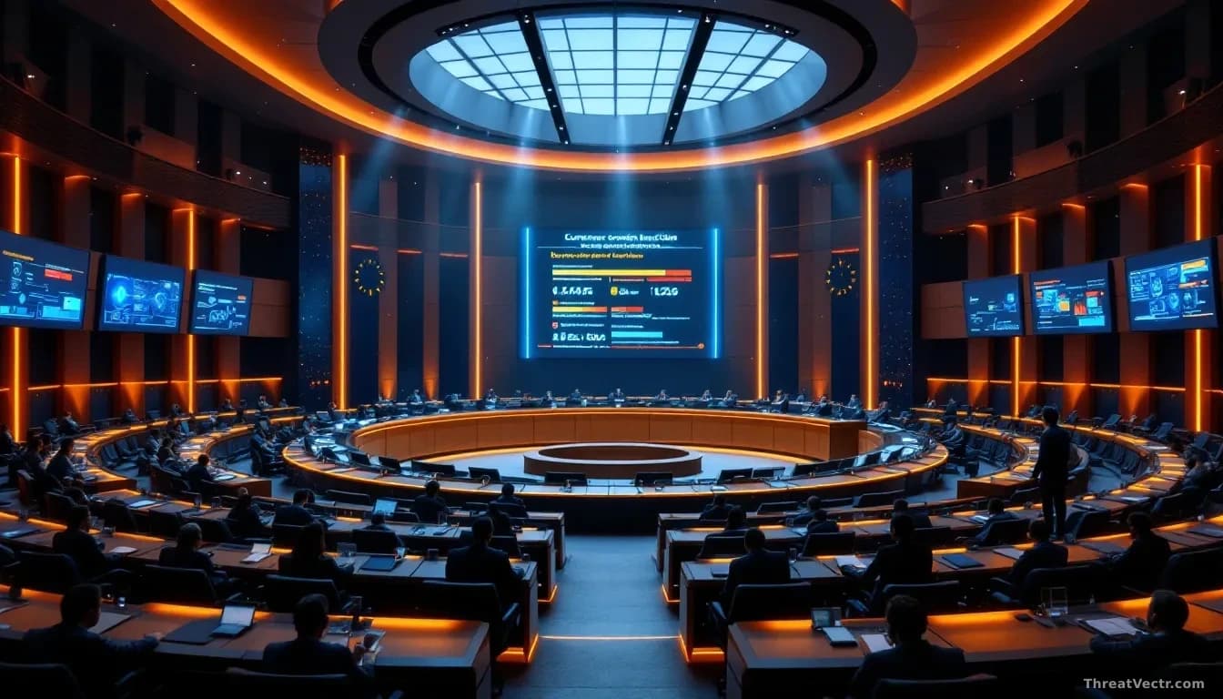 A European government chamber or official venue with modern design, EU architecture visible, screens displaying cybersecurity threat levels and AI-powered attac