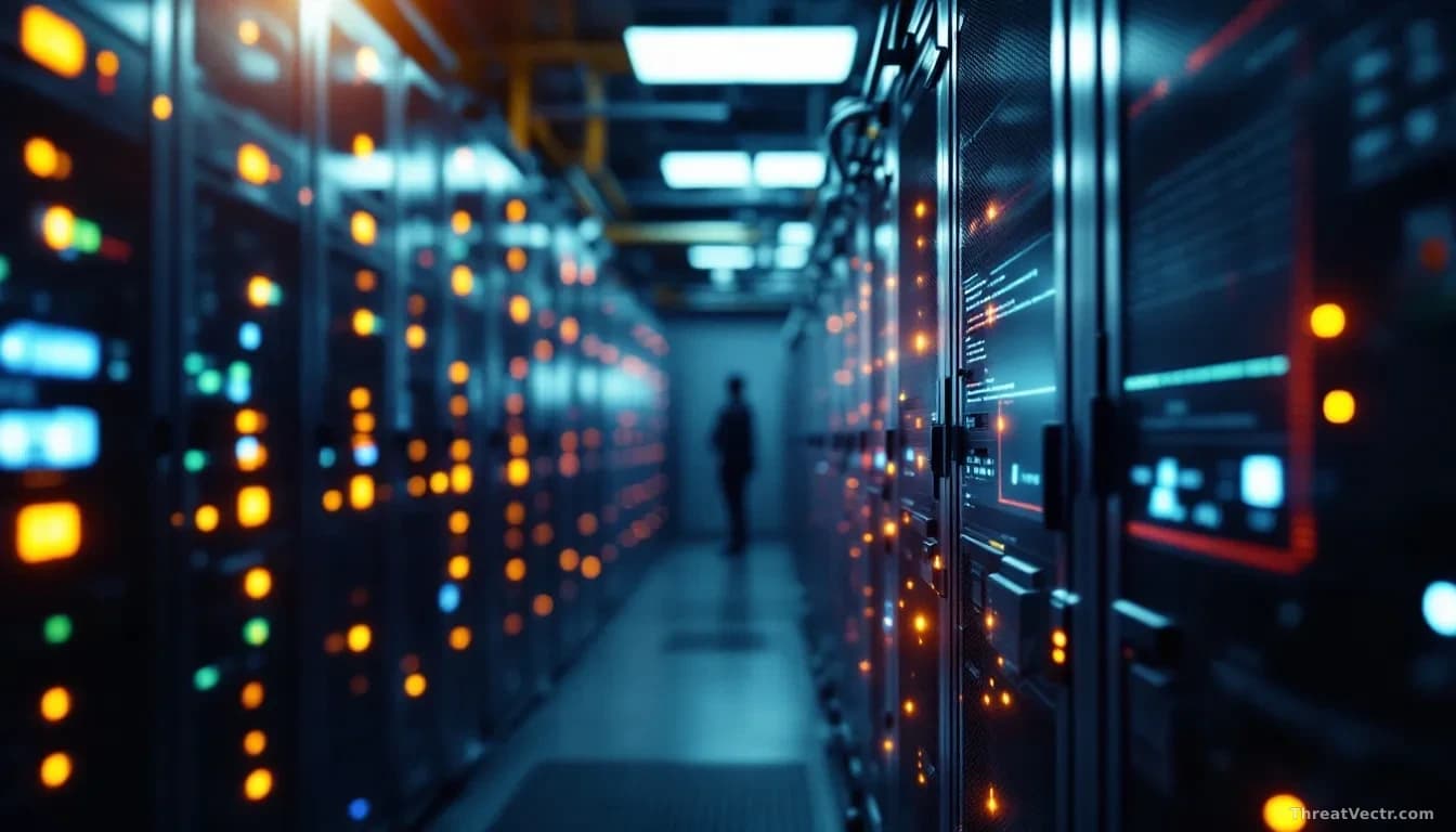 A telecommunications server room with blinking indicator lights and cables, a computer screen in the foreground showing active system access logs and unauthoriz