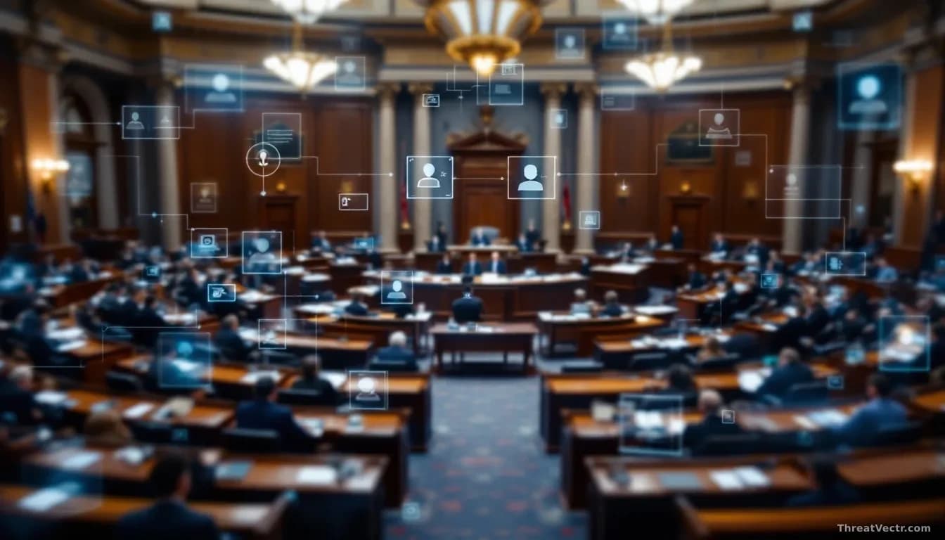 A legislative chamber interior with members at desks, a digital overlay showing notification icons and data-sharing symbols representing government information 