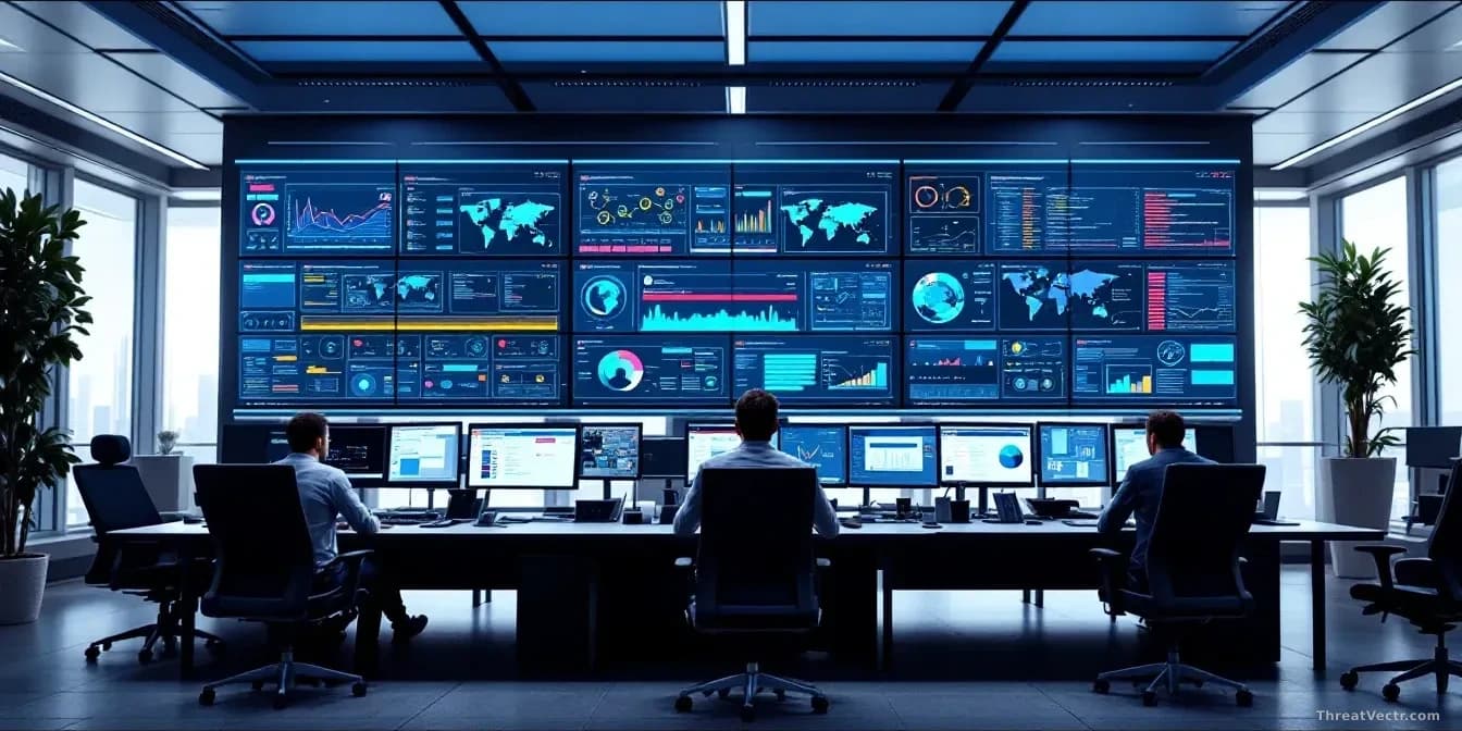 A modern government office space with multiple security monitoring stations displaying AI threat detection dashboards, network maps, and alert systems on large 