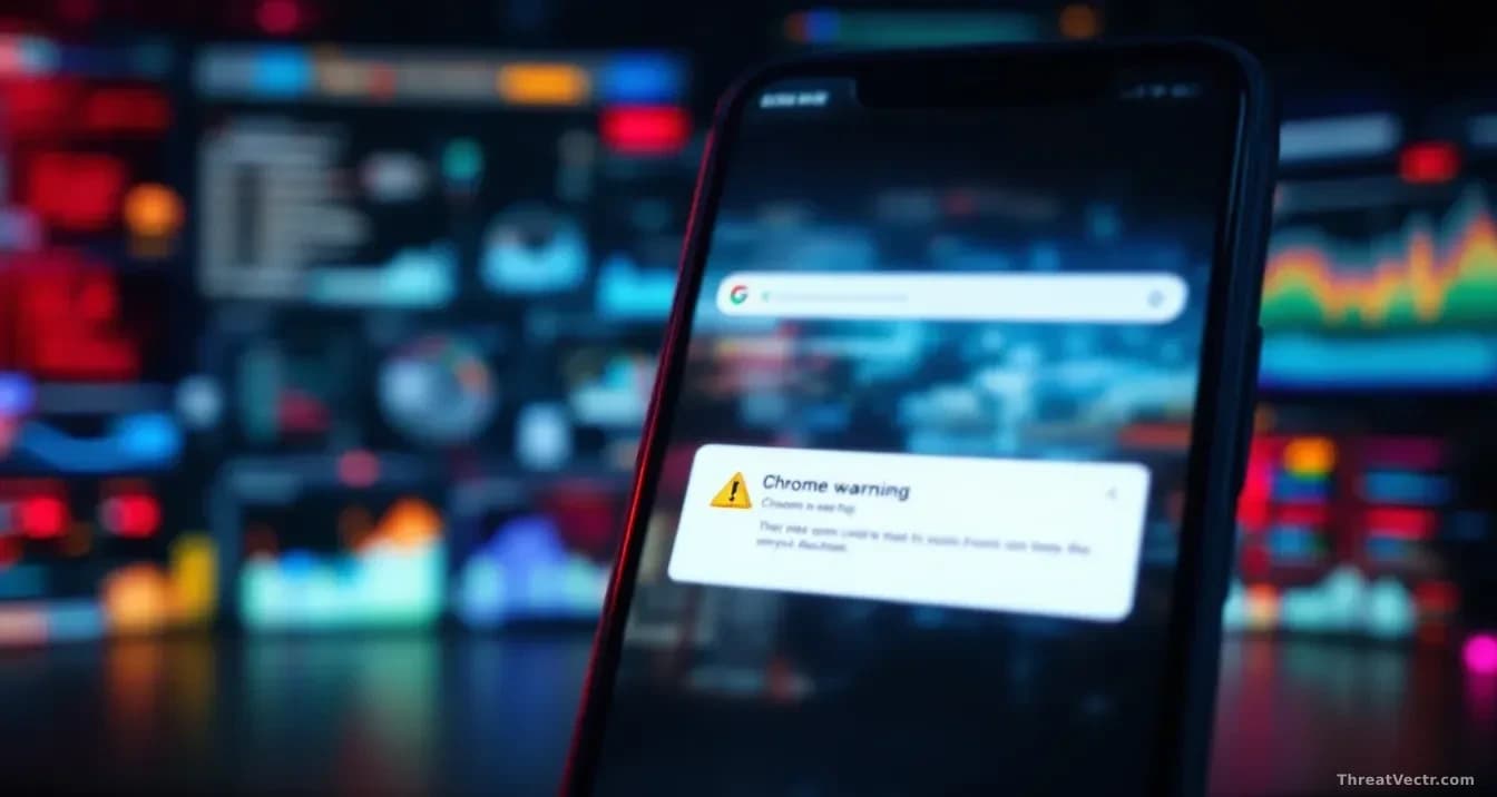 A smartphone screen showing the Chrome browser interface with a warning alert overlaid, surrounded by blurred cybersecurity monitoring dashboards and threat det