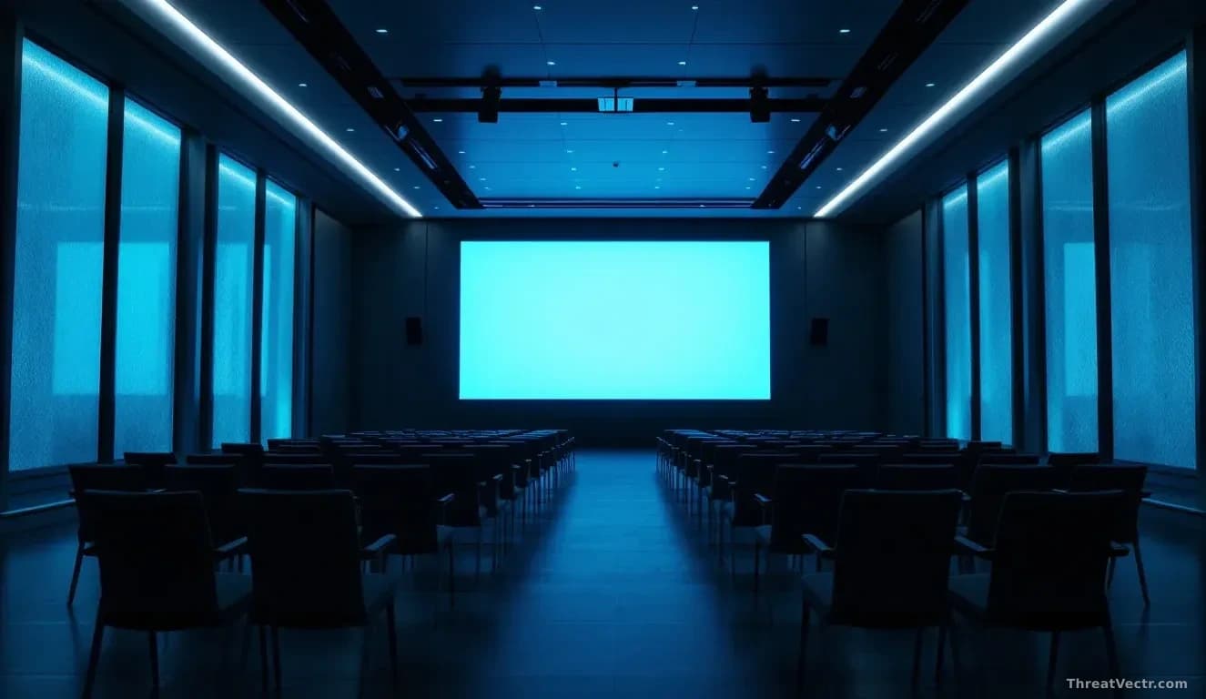 A wide 16:9 photograph of an empty government briefing room at dusk, shot from a low angle looking toward a large projection screen that glows a faint blue-whit