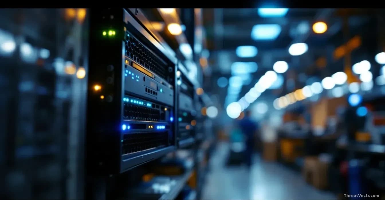 Photoreal news-editorial shot of a small industrial server rack installed inside a working factory floor, warm overhead lighting, blurred machinery in the backg