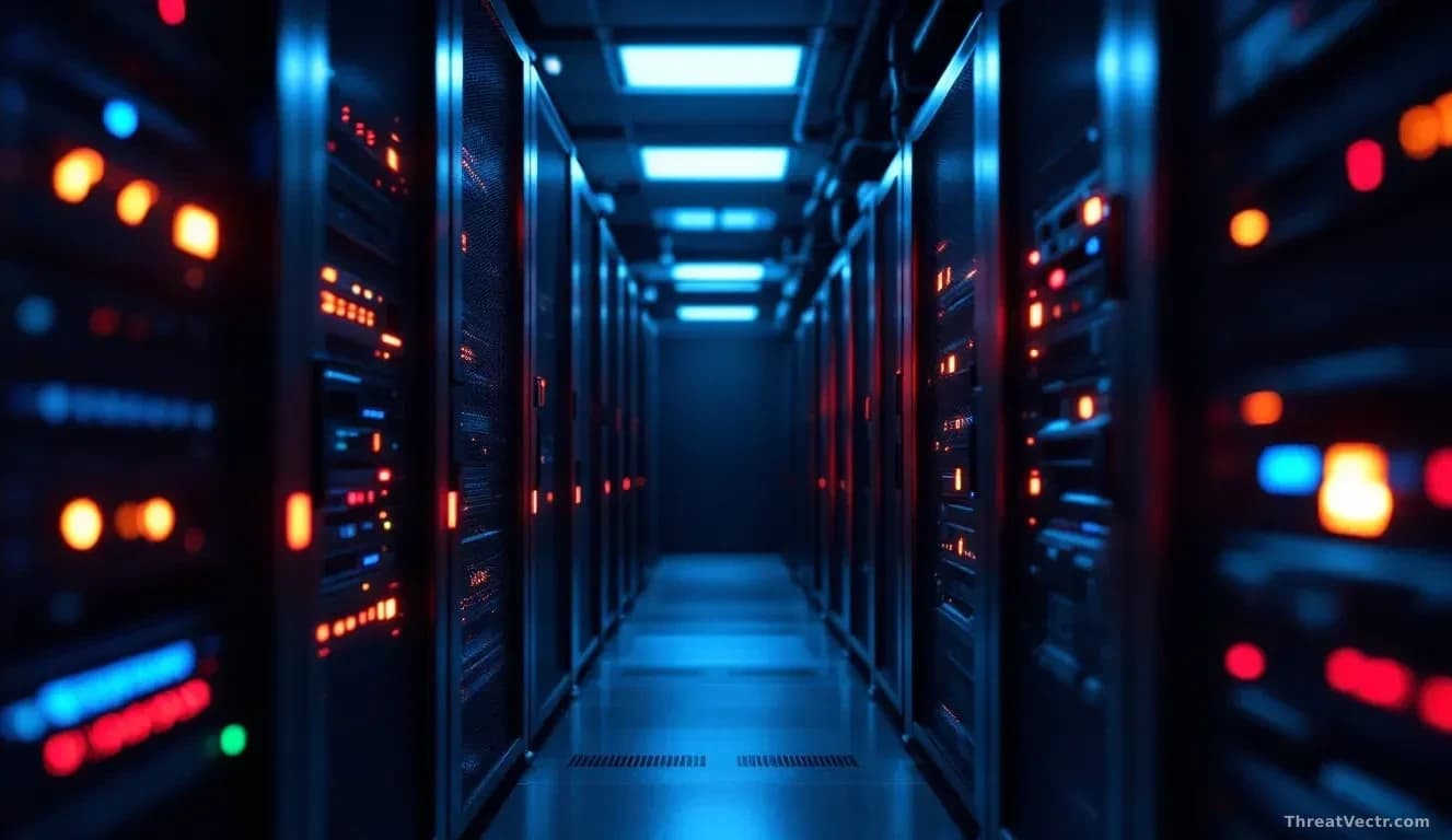 Full-frame edge-to-edge photoreal editorial image of a dimly lit corporate server room, rows of dark rack-mounted network firewall appliances with glowing amber