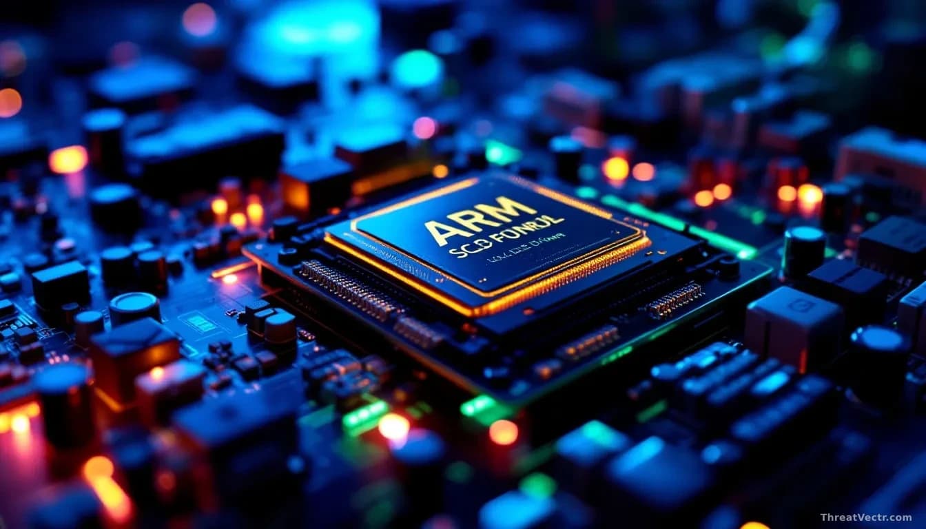 Full-frame edge-to-edge photoreal close-up of an Arm-based server motherboard under cool blue rack lighting, macro focus on a large SoC package with faint heat 