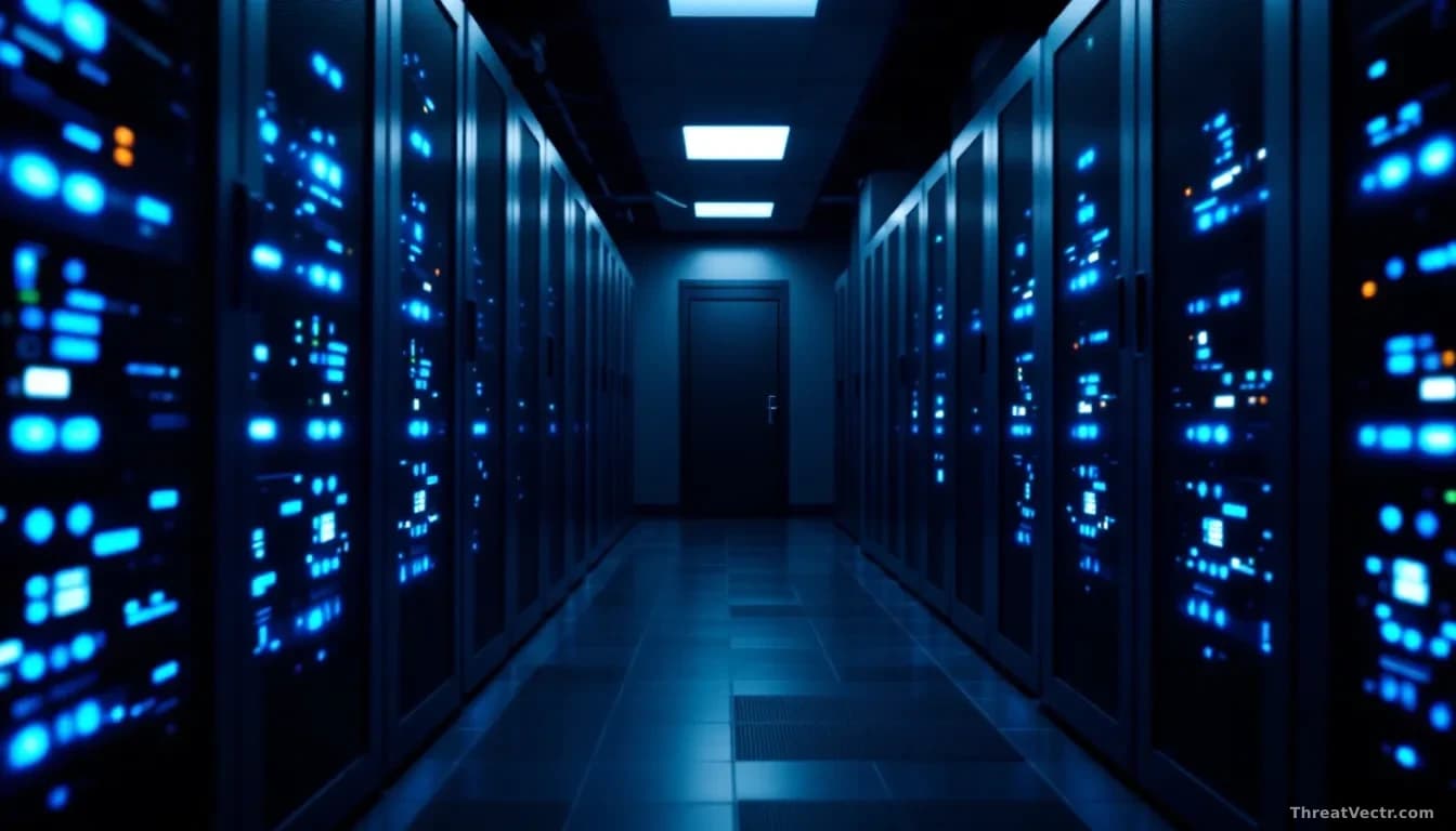 Full-frame edge-to-edge photoreal editorial image of a dimly lit server room with rows of dark network racks and cool blue status lights, a single rack door sta