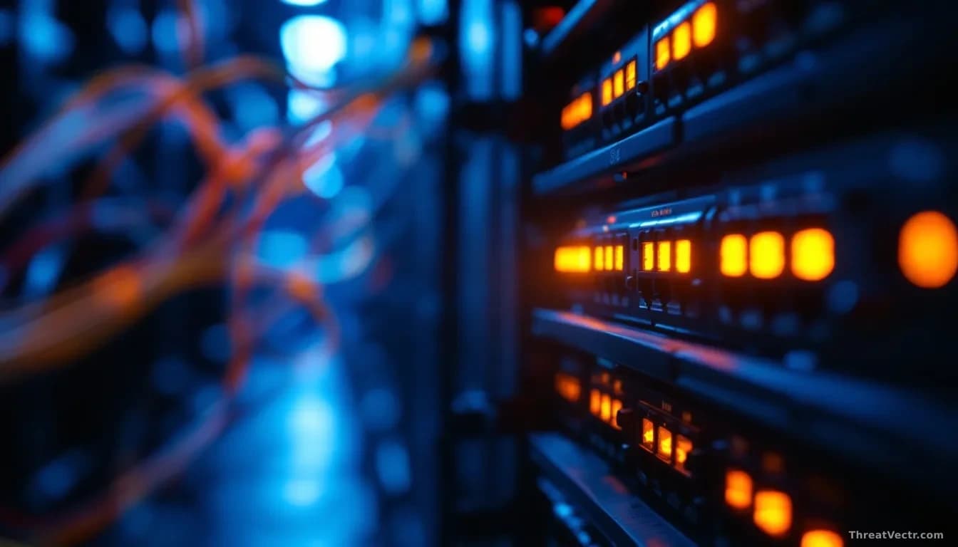Full-frame edge-to-edge photoreal shot of a dimly lit enterprise server rack with a single network orchestrator appliance glowing amber, blurred fiber patch cab
