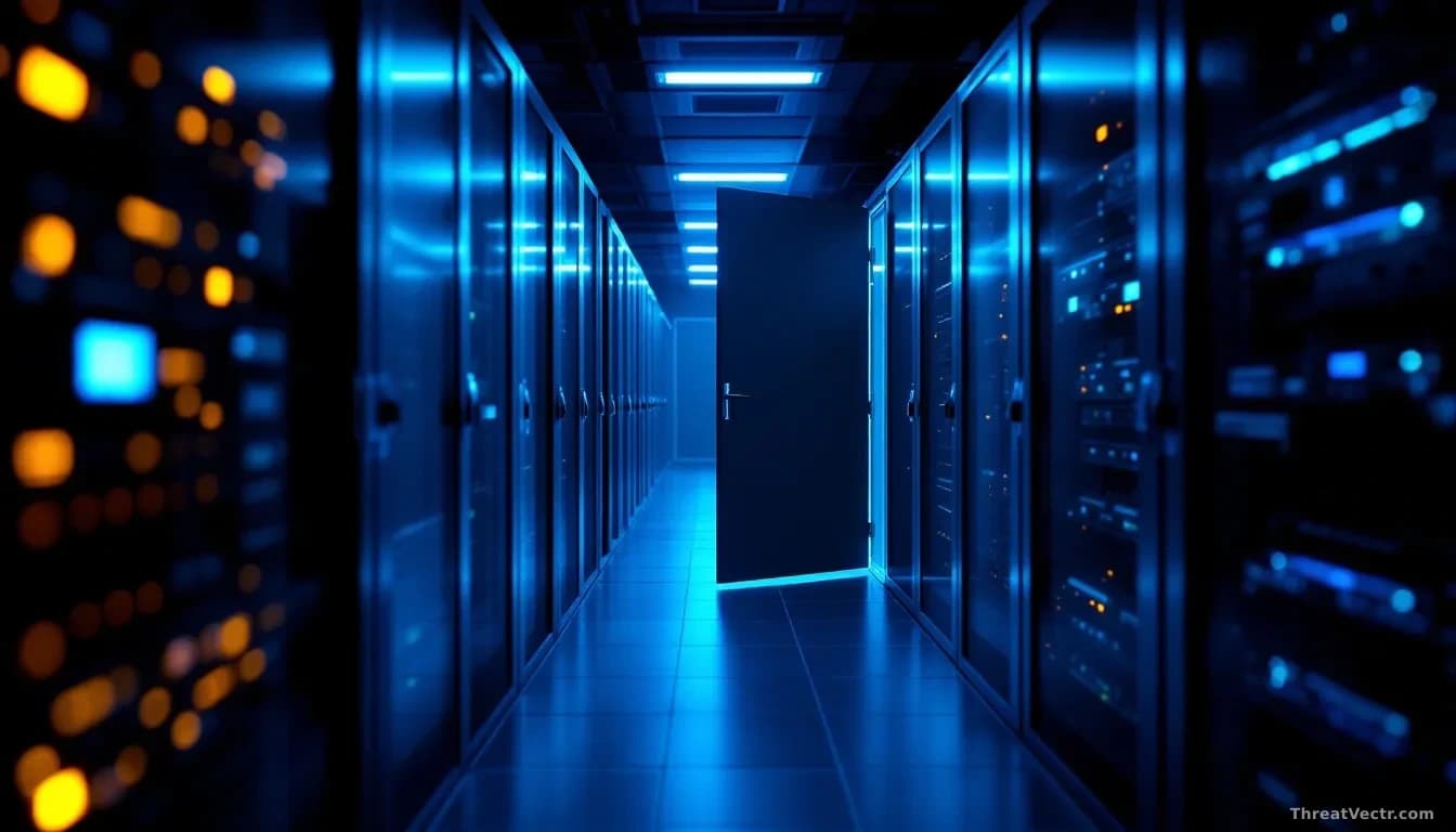 Full-frame edge-to-edge photoreal overhead shot of a server rack door left slightly ajar in a dim data center aisle, cool blue emergency lighting, faint amber w