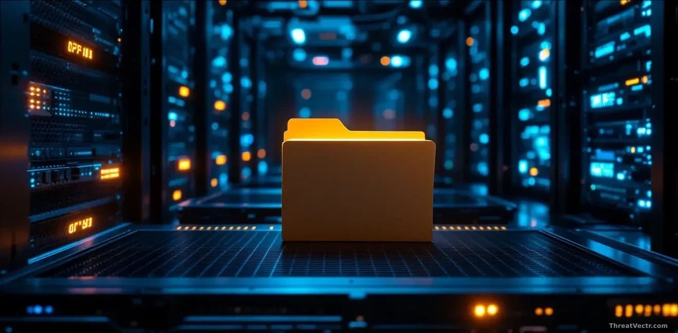 Photoreal news-editorial 16:9 image of a dimly lit server room with a single glowing manila folder sitting on top of a metal rack, surrounded by dark cables and