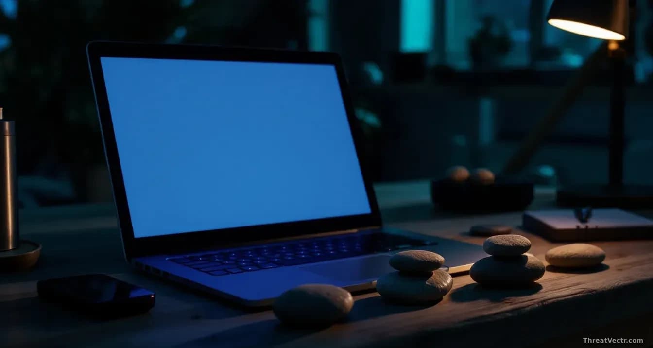 Full-frame edge-to-edge photoreal news-editorial shot of a dark workshop desk with a single unlit Windows laptop screen glowing pale blue, four small identical 