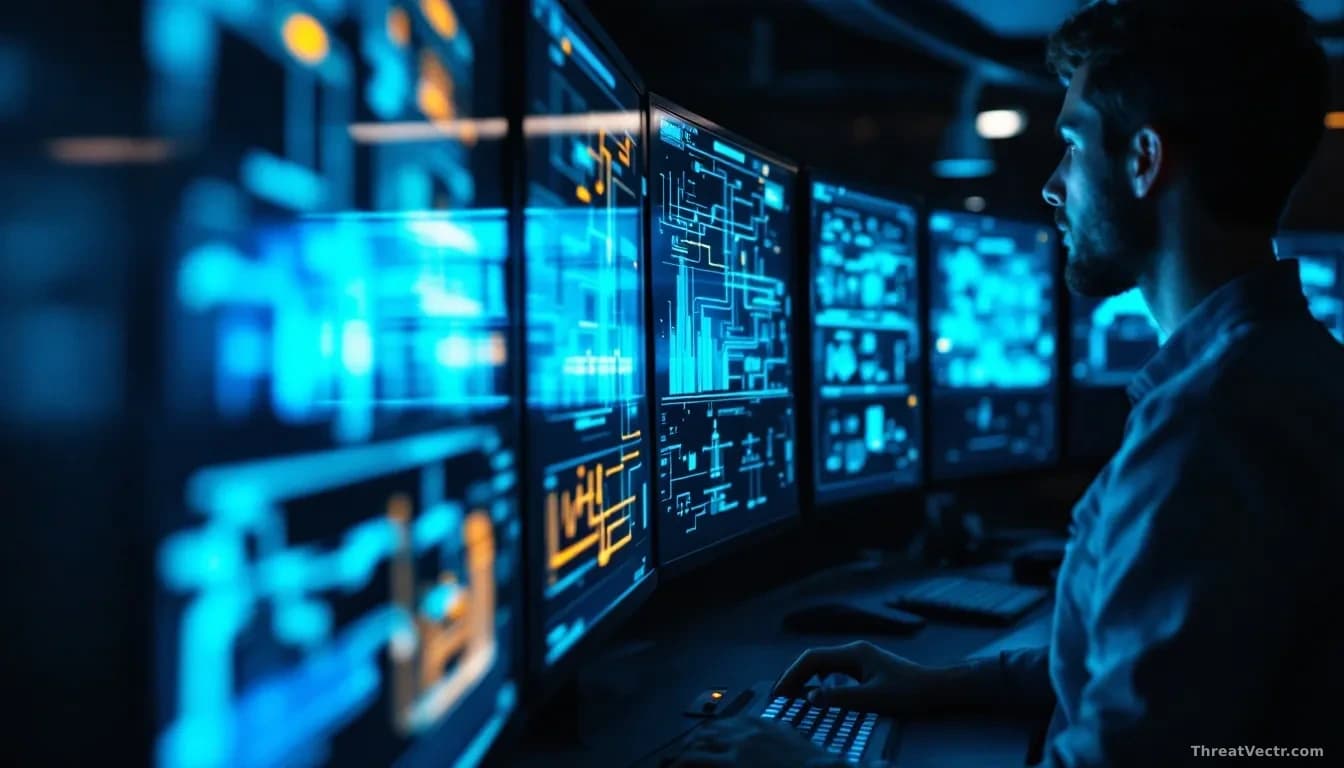 Photoreal editorial shot of a dimly lit industrial control room, rows of SCADA monitors showing abstract pipeline and grid schematics glowing blue and amber, on