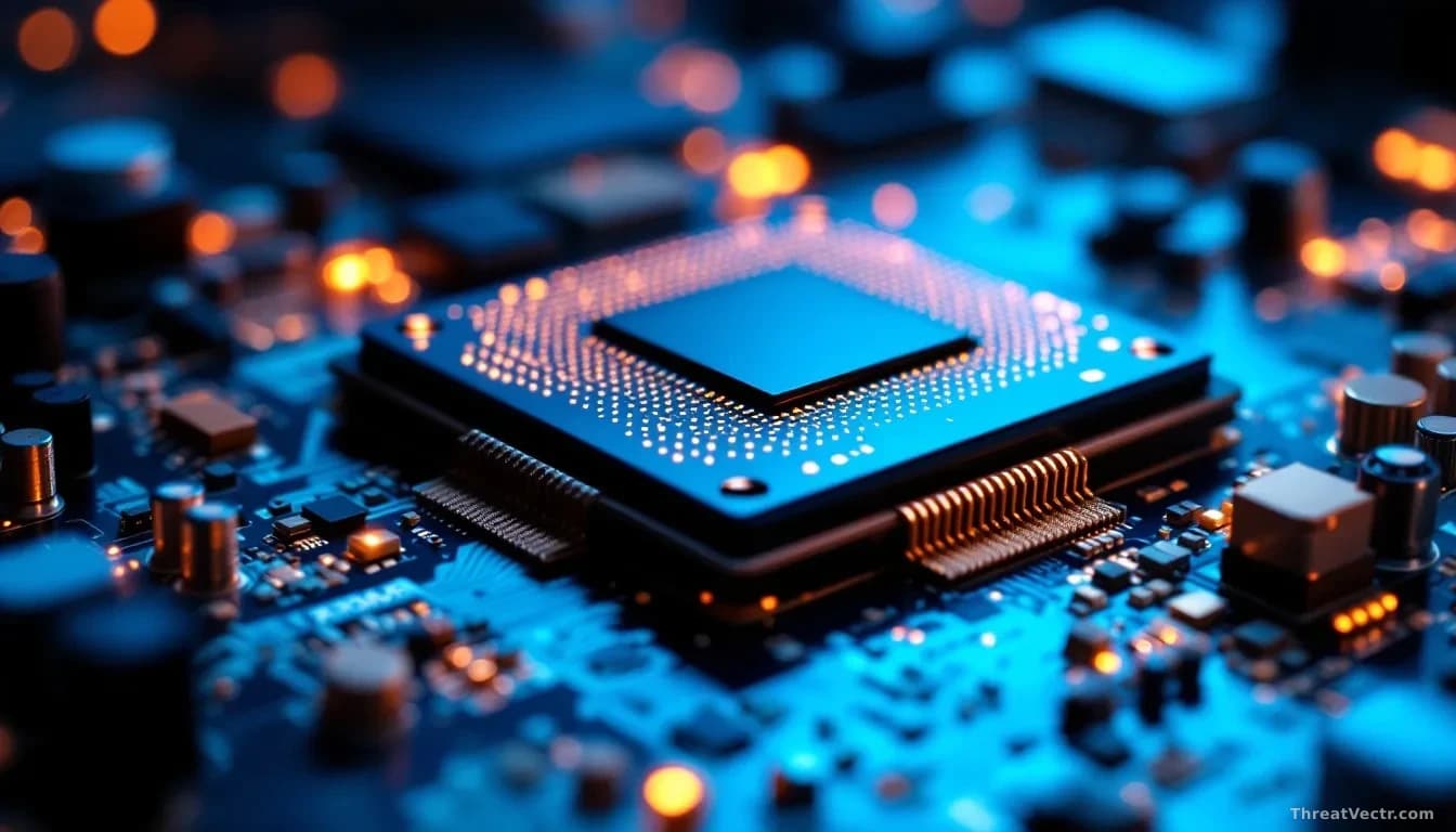 A close-up, photoreal, news-editorial photograph of a modern computer processor chip resting on a circuit board, with visible gold pins and silicon die, lit by 