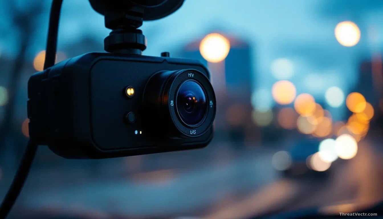 Full-frame edge-to-edge photoreal editorial shot of a generic black dashboard camera mounted on a car windshield at dusk, city street reflections blurred throug