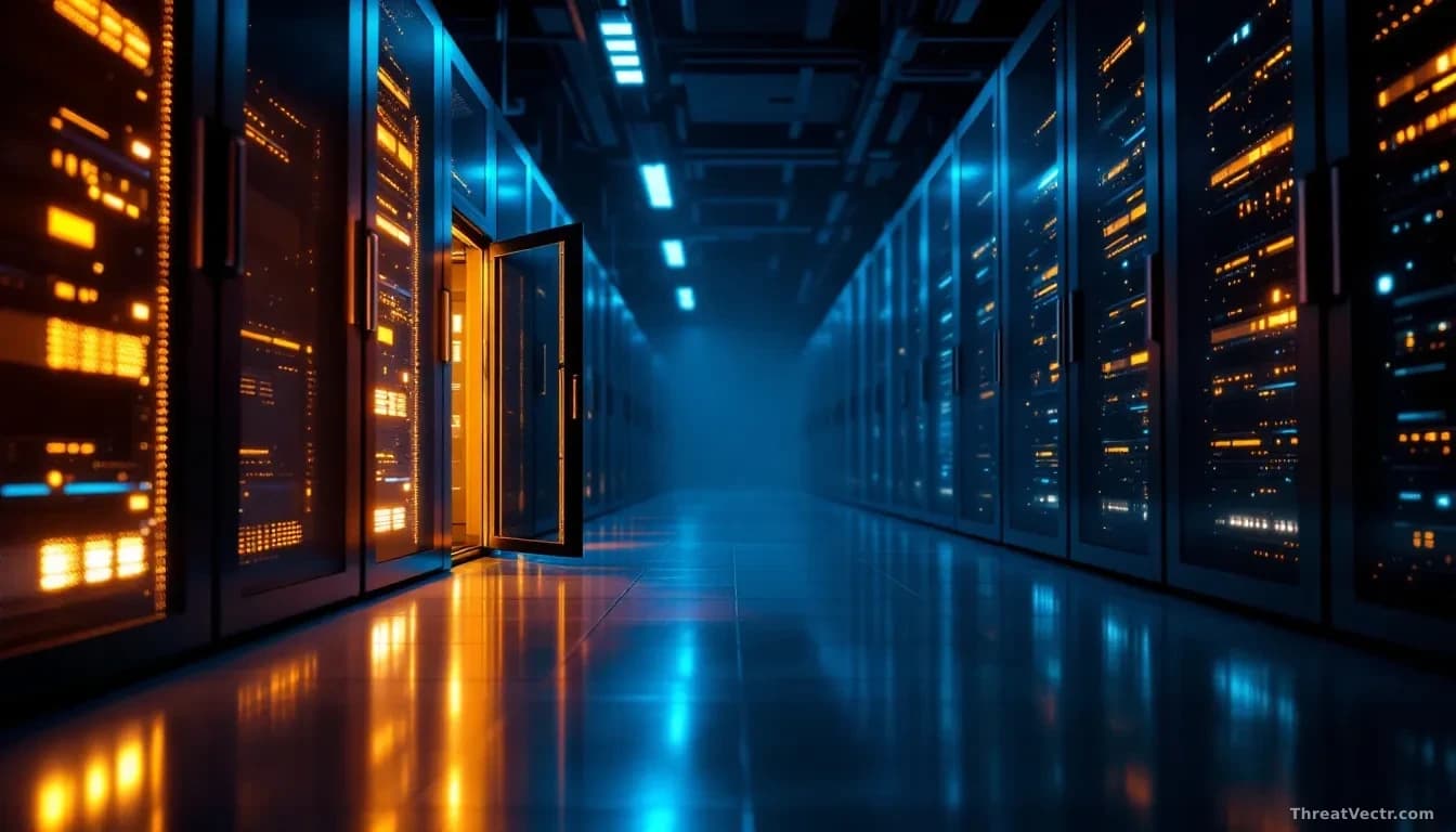 Full-frame photoreal editorial image of a dimly lit server room with rows of network equipment, warm amber warning lights reflecting off polished floor tiles, s