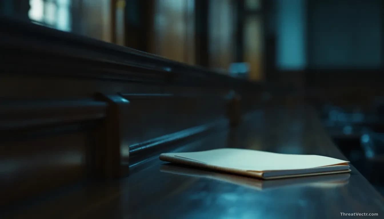 Full-frame edge-to-edge photoreal news-editorial image of an empty federal courtroom bench with a closed laptop and a manila case file resting on the wooden sur