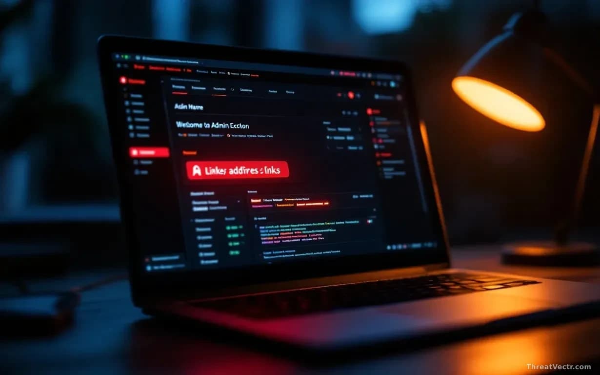 Full-frame photoreal news-editorial image of a darkened laptop screen showing an abstract website admin dashboard with a glowing red cursor hovering over a link