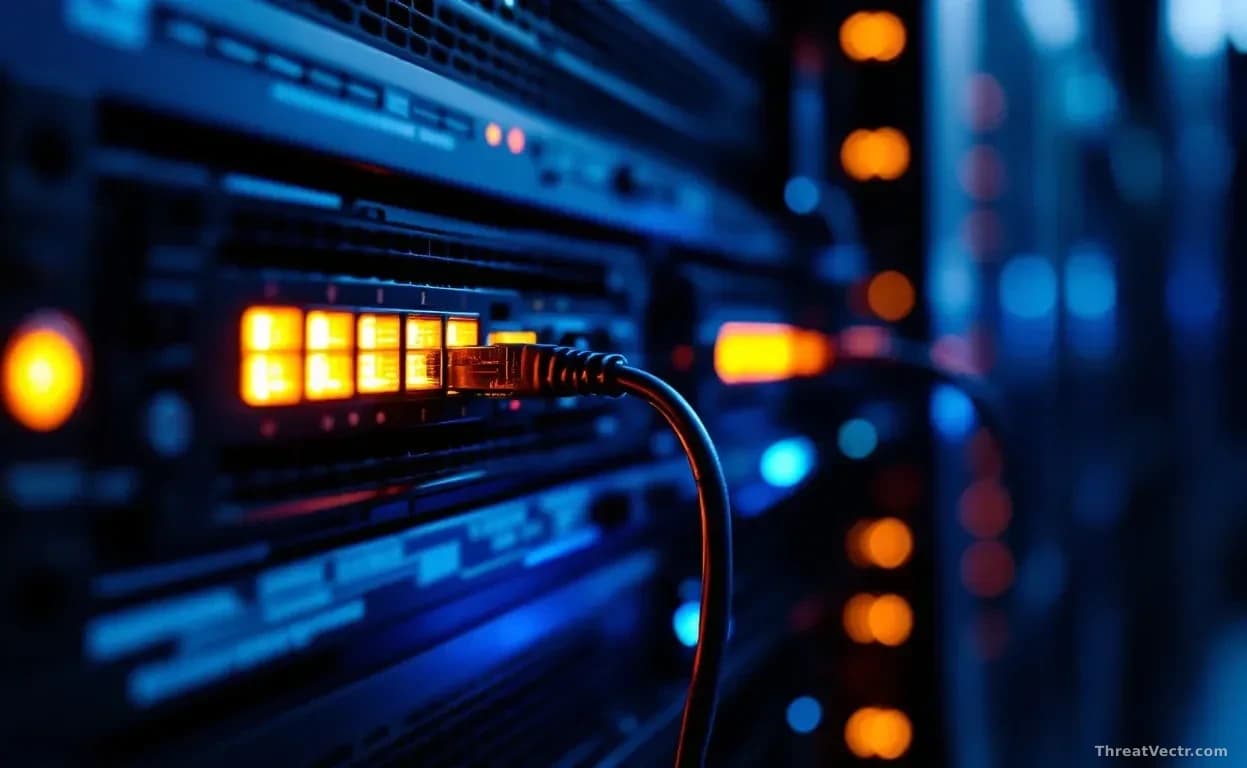 Full-frame edge-to-edge photoreal editorial shot of a dimly lit server rack in a corporate data center, warm amber status LEDs glowing on a network appliance at