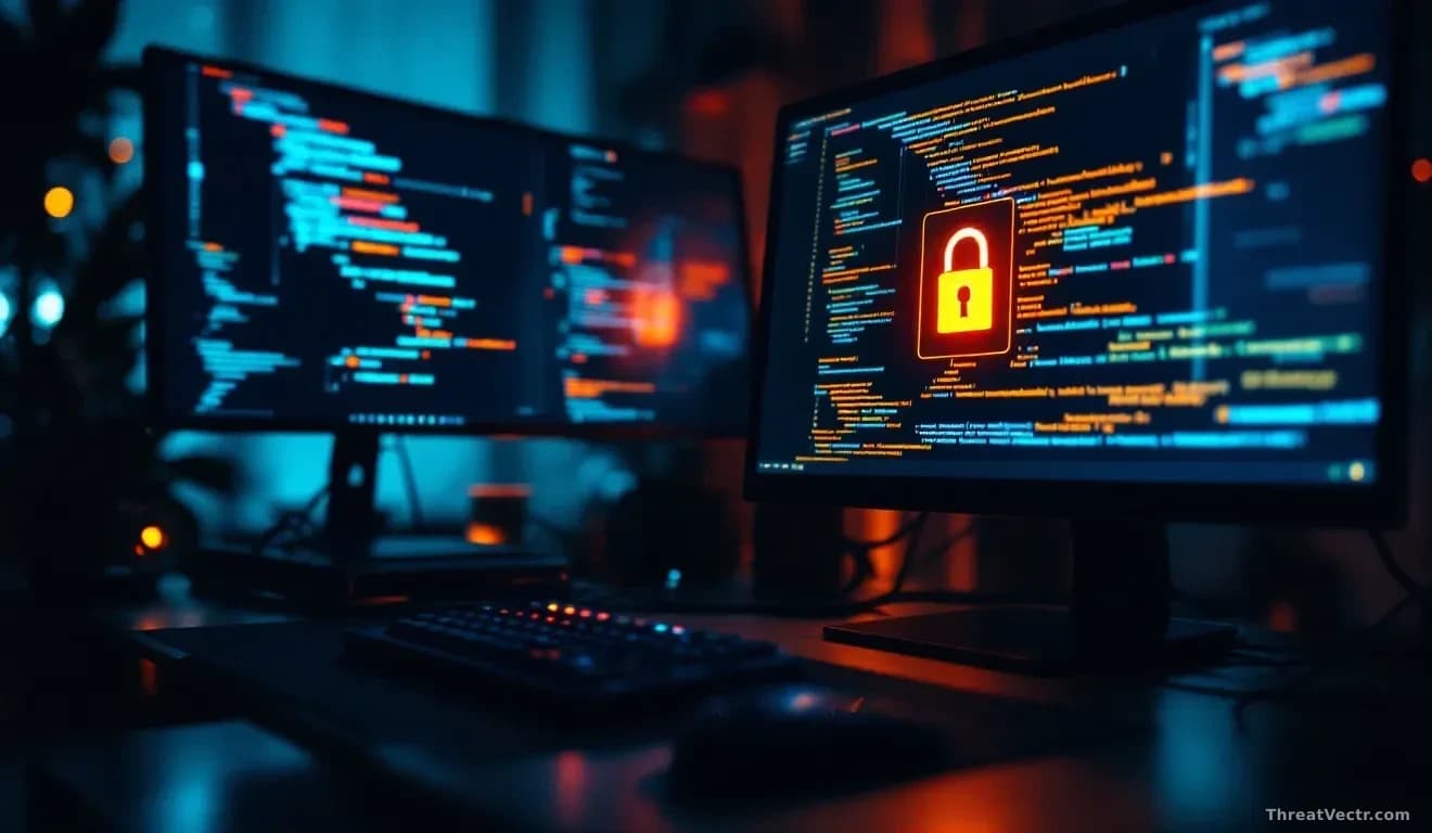 Full-frame edge-to-edge photoreal editorial shot of a dimly lit developer workstation at night, two monitors showing abstract blurred blocks of code and a login