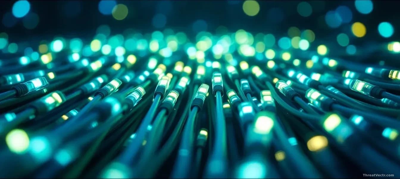 A macro photograph of a dense cluster of fiber optic cable ends glowing in shifting blue and green light, shot straight-on filling the entire frame edge to edge