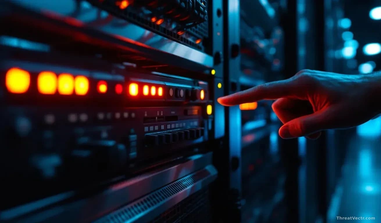 A close-up, 16:9 framing, photoreal news-editorial photograph of a modern server rack in a dimly lit data centre, power indicator lights glowing amber and red, 
