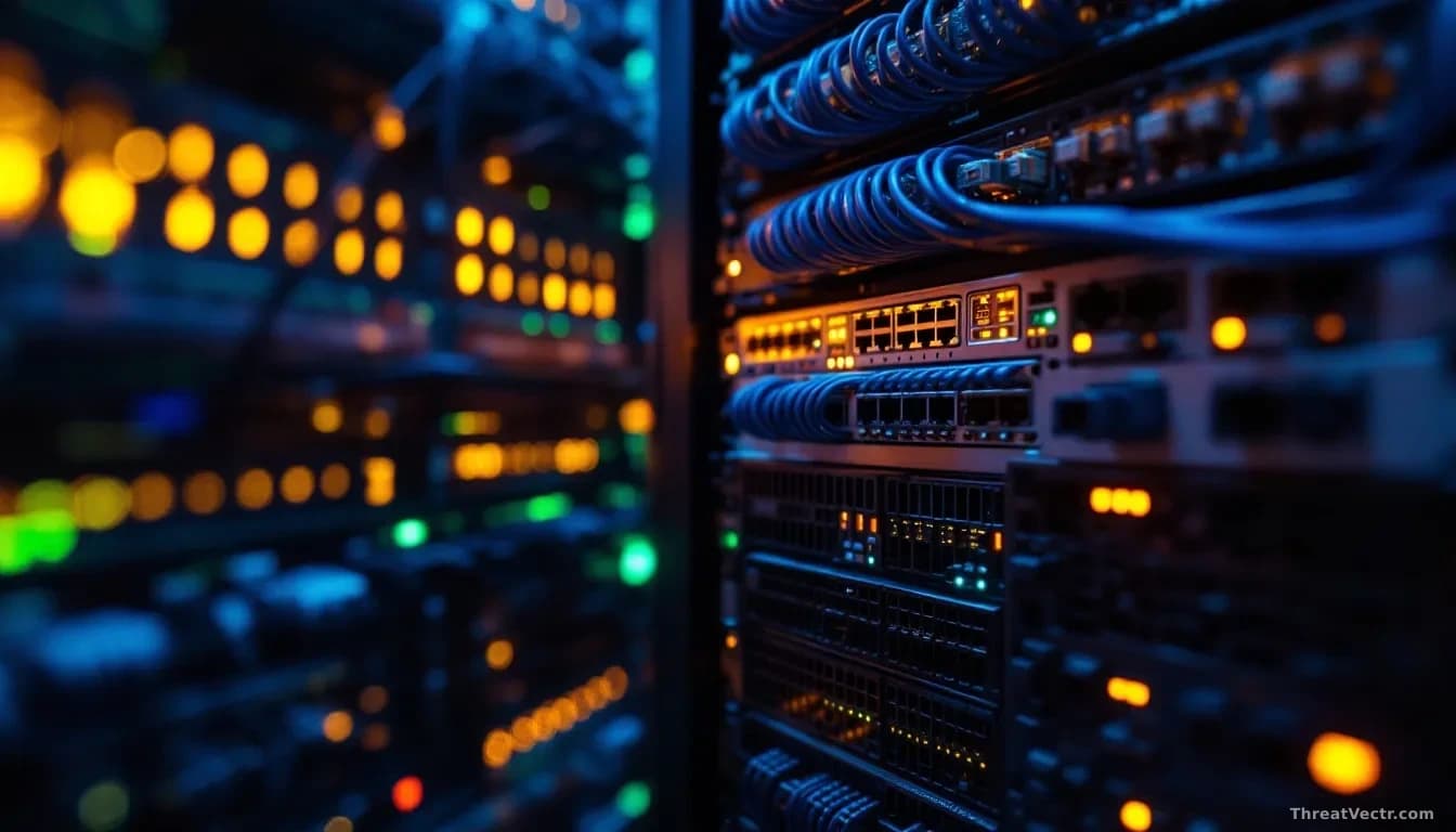 Photoreal news-editorial style, 16:9 framing, close-up of the interior of a server rack inside a dimly lit data centre, tightly packed network appliances with b