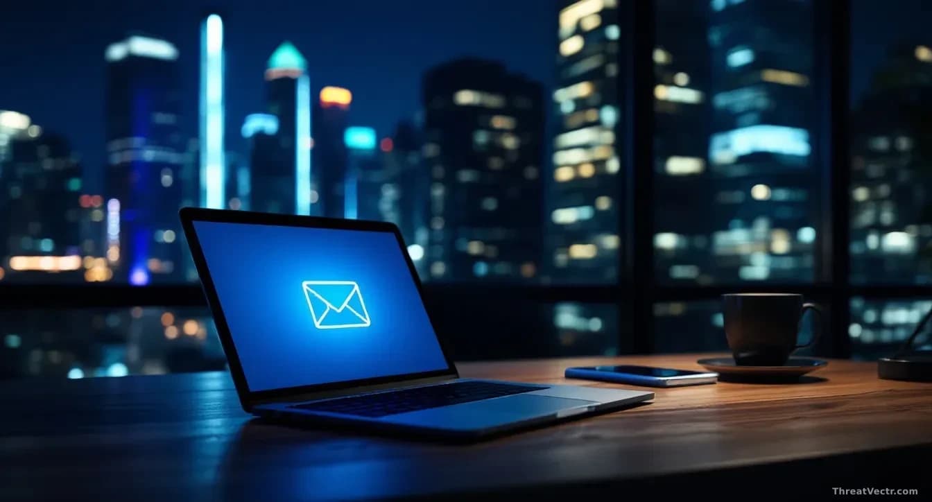Full-frame photoreal editorial image of a dim government office at night in an East Asian capital, a single laptop open on a wooden desk with a soft blue glow o