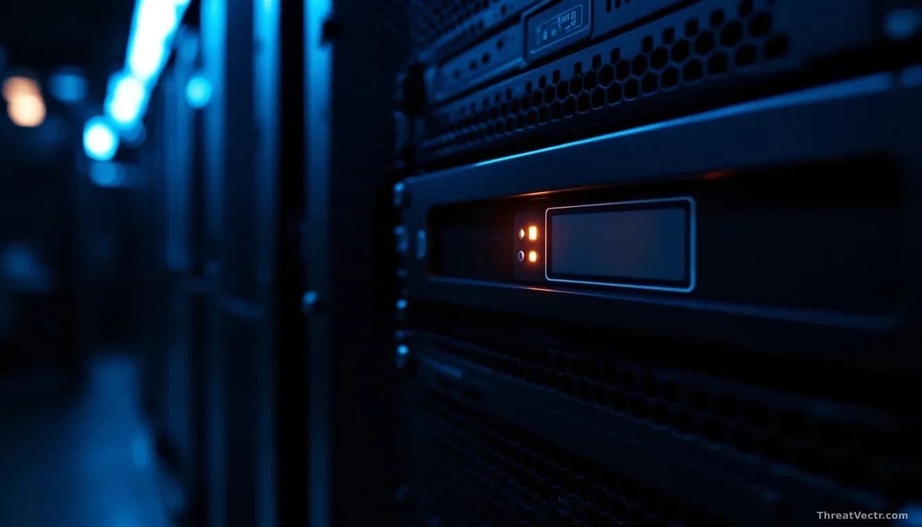 Full-frame edge-to-edge photoreal editorial shot of a dimly lit server rack in a corporate data room, a single amber warning LED glowing on a 1U appliance label