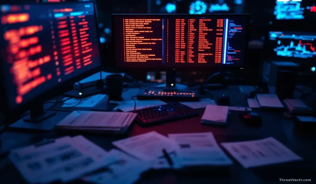 Full-frame overhead photoreal shot of a government operations desk at night, glowing amber monitor showing abstract vulnerability catalogue rows, scattered prin