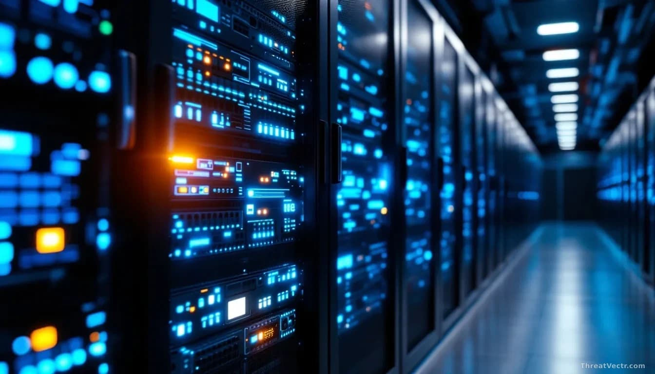 A server rack in a dimly lit data center, its indicator lights casting a faint blue glow across rows of black hardware