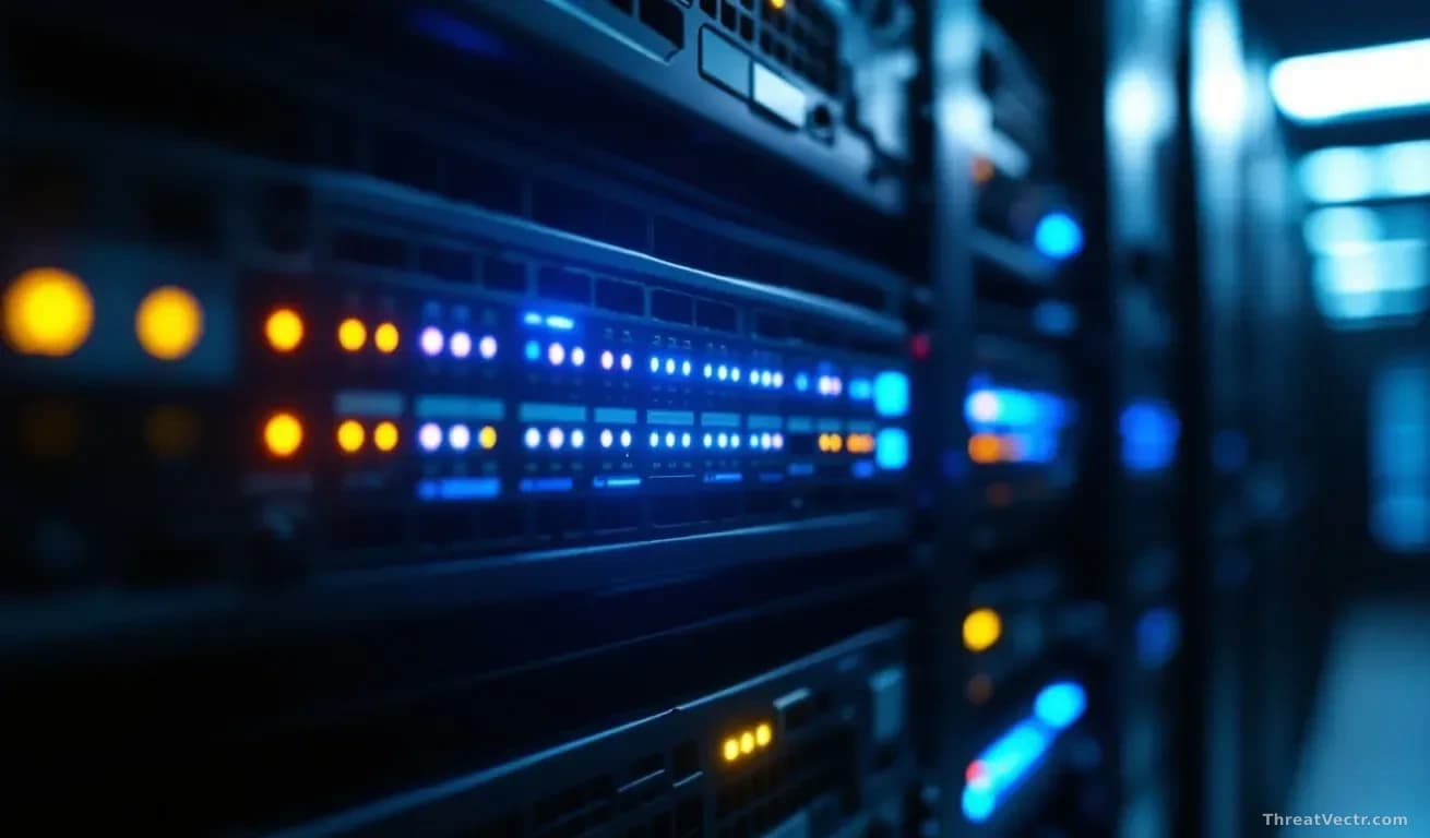 A physical rack-mounted network firewall appliance with blinking status LEDs in a dimly lit server room, shot from a low angle looking up along the row of equip