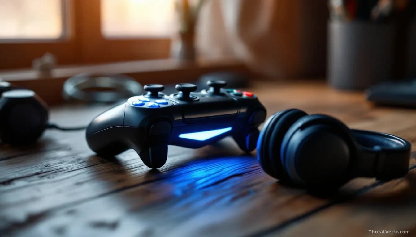 Illustration: A glowing gaming controller resting on a wooden desk beside a small pair of child-sized headphones