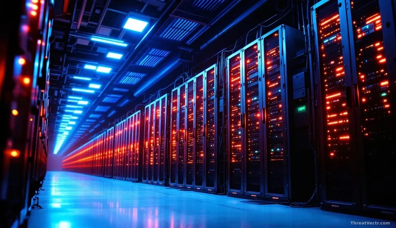 Illustration: a large government server room with rows of ageing rack-mounted equipment