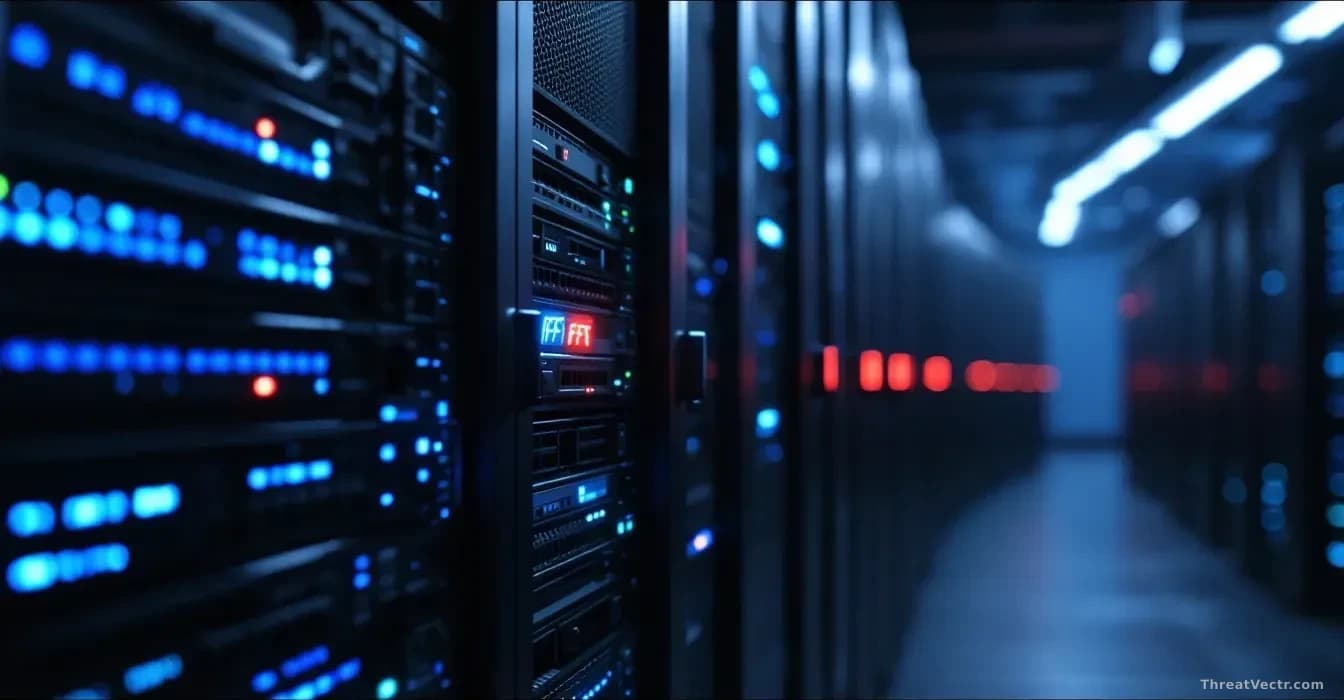 Illustration: a dim data center aisle, rows of networking appliances with cool blue status LEDs