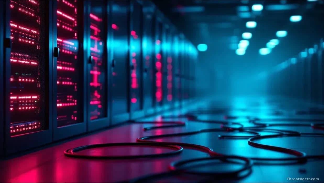 Illustration: a dim server room with a single rack bay glowing a soft red, cables trailing across the floor