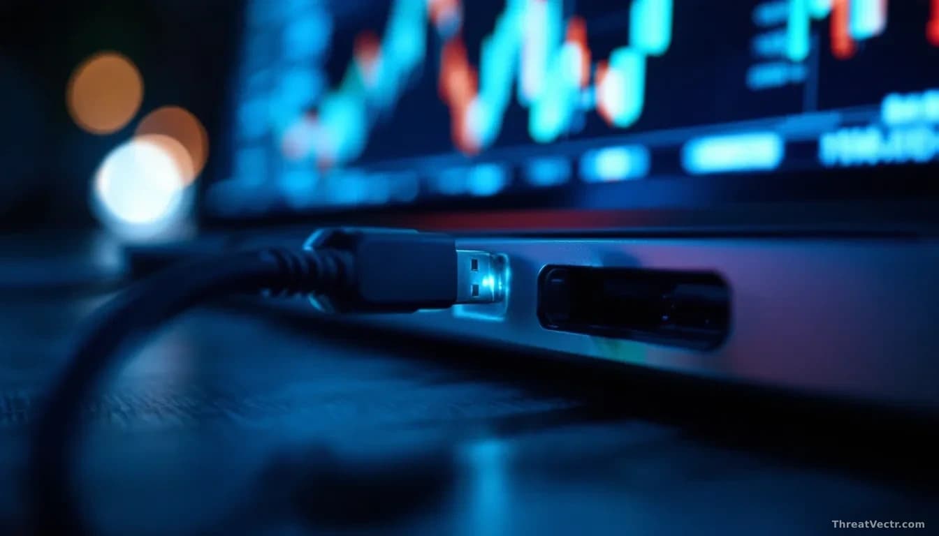 Illustration: a USB security hardware token plugged into a laptop port on a dark office desk