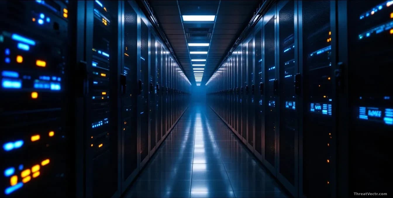 Illustration: A dimly lit server room with rows of blinking hardware