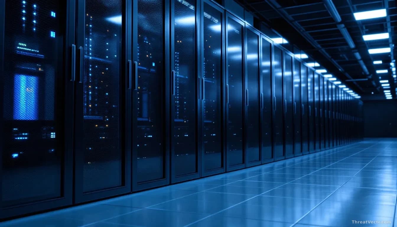 Illustration: A long row of identical black server rack doors receding into darkness in a large data center