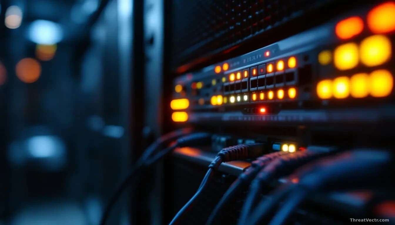 Illustration: a rack-mounted network security appliance in a dim server room, status LEDs glowing amber and red