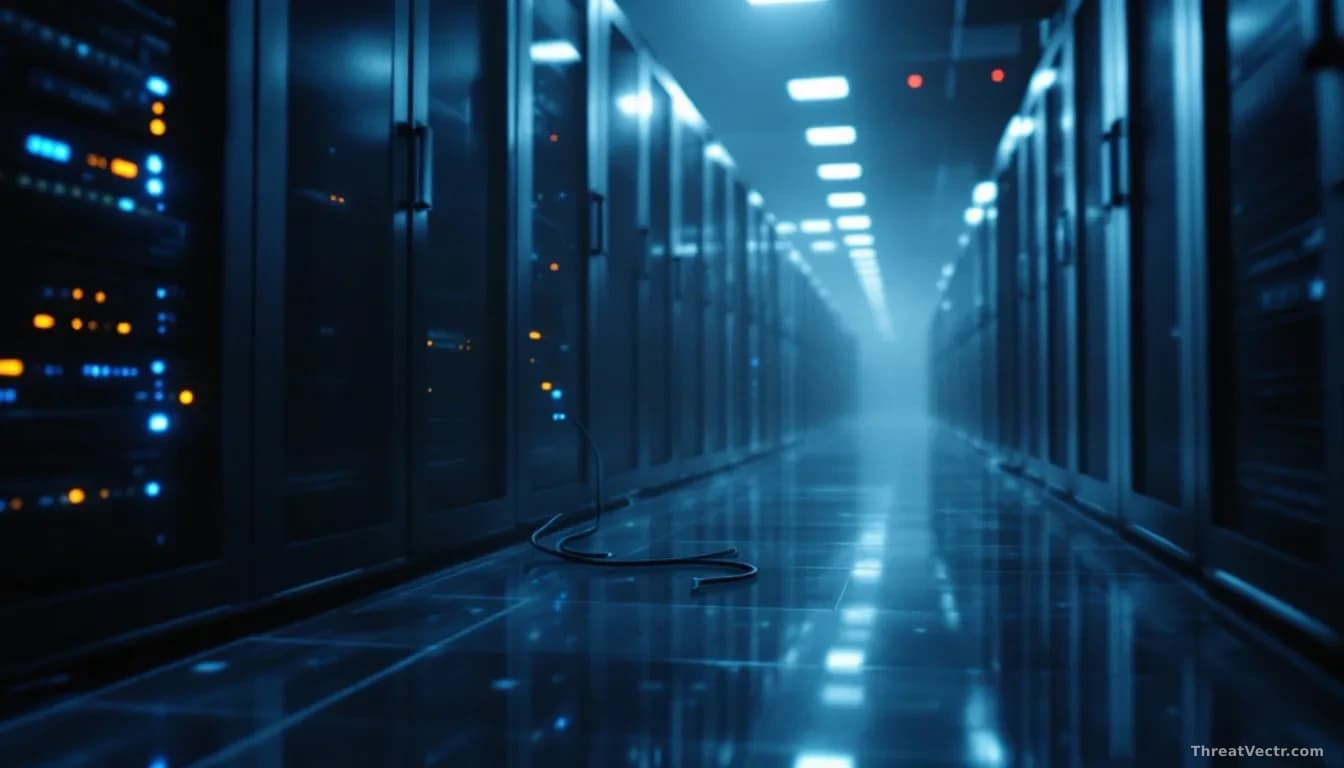 Illustration: a dimly lit enterprise server room, rows of rack-mounted servers with amber and blue status LEDs reflecting
