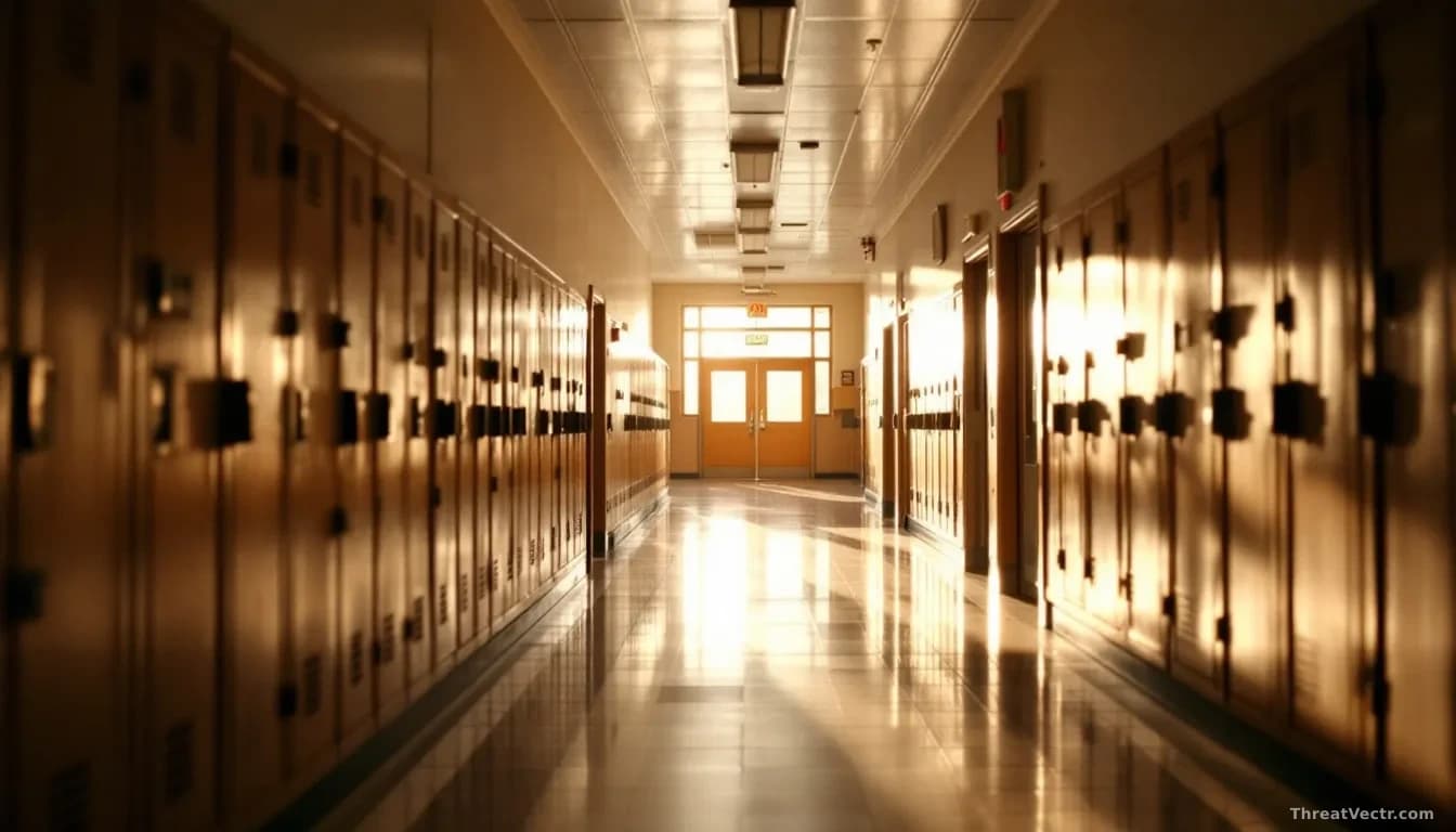 Illustration: An empty school hallway lined with lockers, natural light coming through windows at the far end