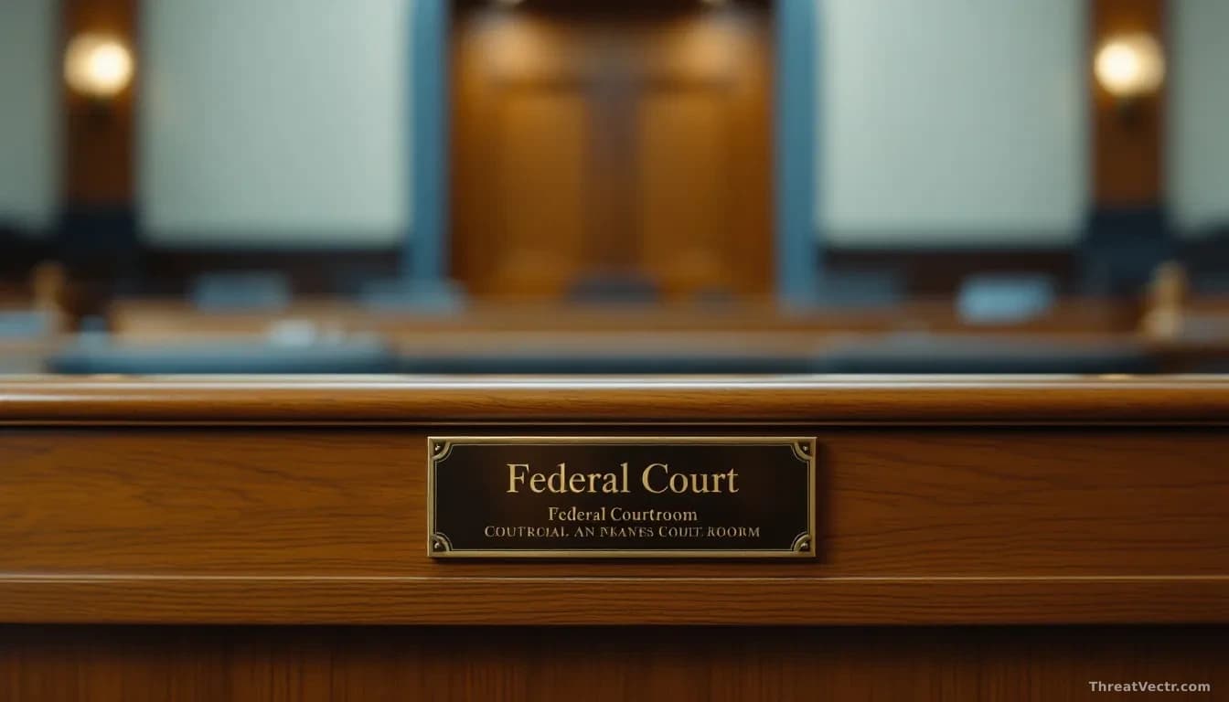 Illustration: an empty federal courtroom bench with a brass nameplate blurred