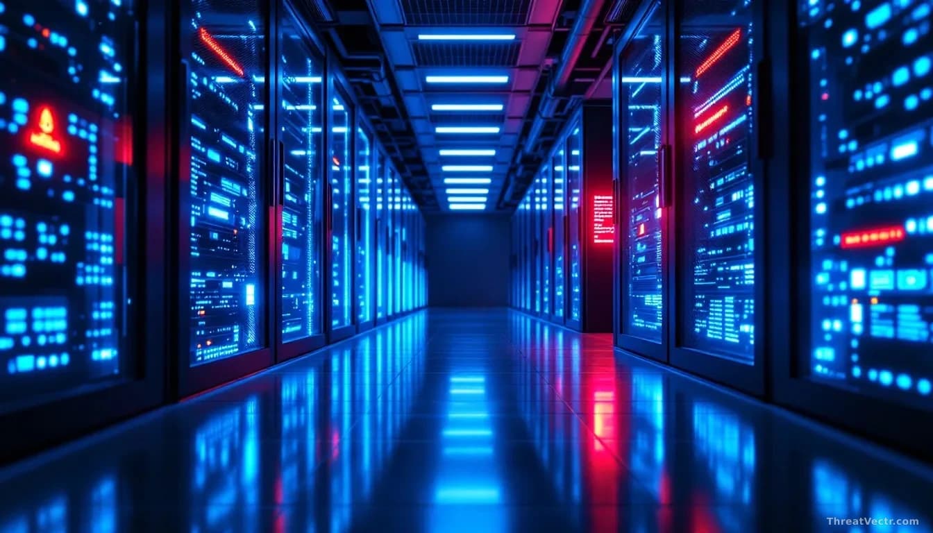 Illustration: a dimly lit server room aisle in a Japanese data centre, cool blue status LEDs reflecting off polished floor