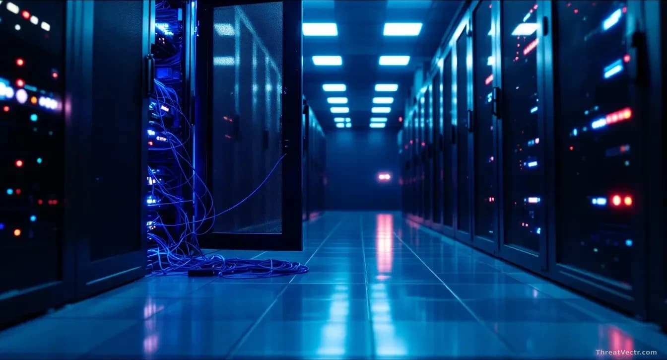 Illustration: a dim server room aisle in a government data centre
